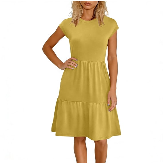 Women's Summer Casual Dresses Cap Sleeve Classy Aline Dress with Pockets Ruffle Hem Elastic Waist Sundress Yellow, M