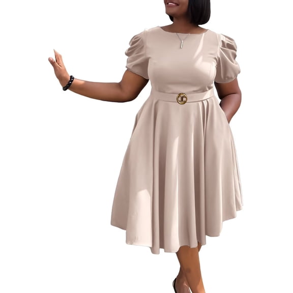 Women's Summer Casual Dresses Puff Sleeve A-Line Big Swing Office Swing Dress
