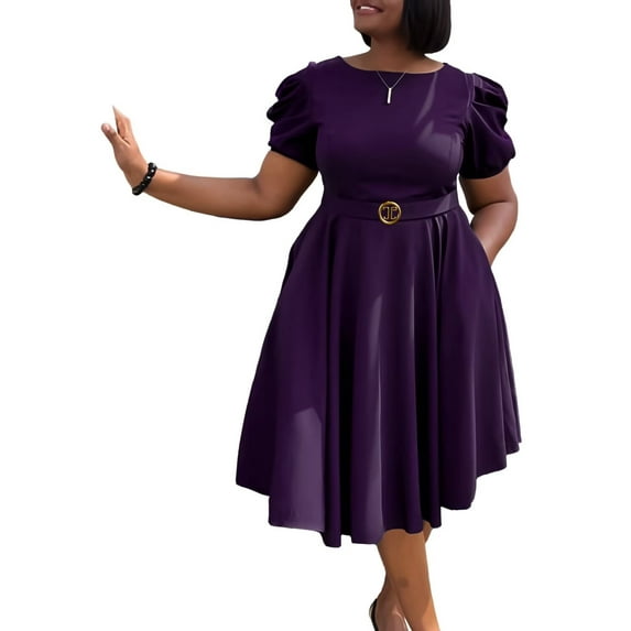 Women's Summer Casual Dresses Puff Sleeve A-Line Big Swing Office Swing Dress