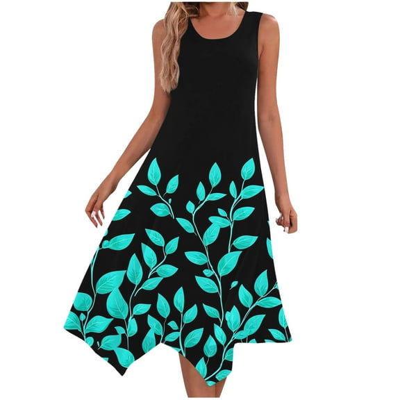 ZQUUVOU Women's Summer Casual Dresses Sleeveless Round Neck Printed Floar Drawstring Dress Black