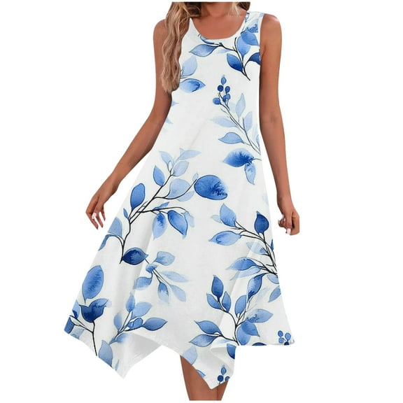 ZQUUVOU Women's Summer Casual Dresses Sleeveless Round Neck Printed Floar Drawstring Dress Blue