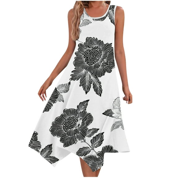 ZQUUVOU Women's Summer Casual Dresses Sleeveless Round Neck Printed Floar Drawstring Dress Dark Gray