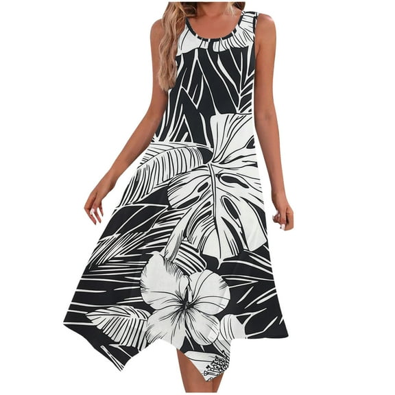 ZQUUVOU Women's Summer Casual Dresses Sleeveless Round Neck Printed Floar Drawstring Dress Dark Gray