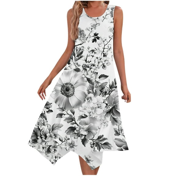 ZQUUVOU Women's Summer Casual Dresses Sleeveless Round Neck Printed Floar Drawstring Dress Gray