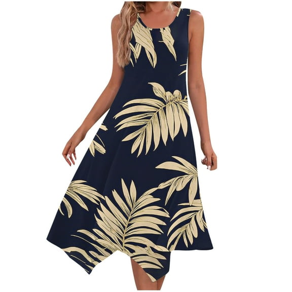 ZQUUVOU Women's Summer Casual Dresses Sleeveless Round Neck Printed Floar Drawstring Dress Navy