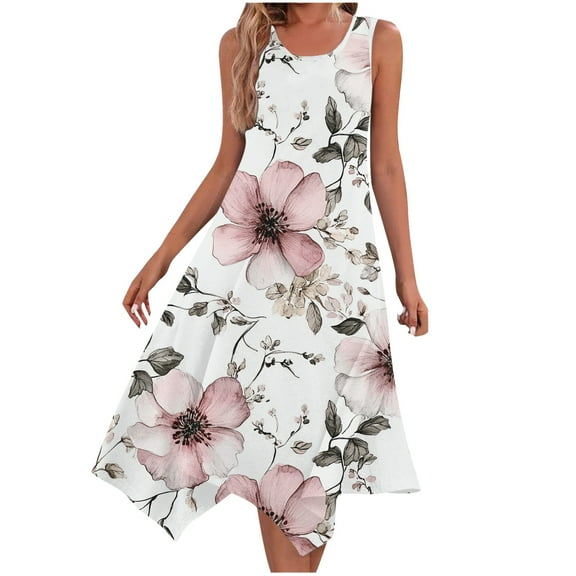 ZQUUVOU Women's Summer Casual Dresses Sleeveless Round Neck Printed Floar Drawstring Ruffle Dress Pink