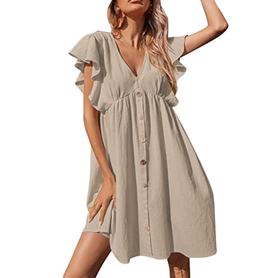 Women's Summer Casual Dresses V Neck Button Down Mini Dress Ruffle Sleeve Fashion Dress Casual Flowy Swing Sun Dress Vestidos Elegantes de Mujer