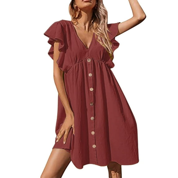 Women's Summer Casual Dresses V Neck Button Down Mini Dress Ruffle Sleeve Fashion Dress Casual Flowy Swing Sun Dress Vestidos Elegantes de Mujer