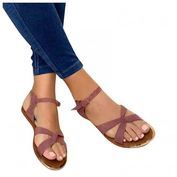 Women's Summer Casual Dressy Cute Flat Sandals Comfortable Sexy Cross Strappy Fashion Roman Open Toe Sandals Buckle-Strap Sandals