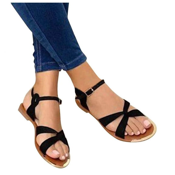 Women's Summer Casual Dressy Cute Flat Sandals Comfortable Sexy Cross Strappy Fashion Roman Open Toe Sandals Buckle-Strap Sandals