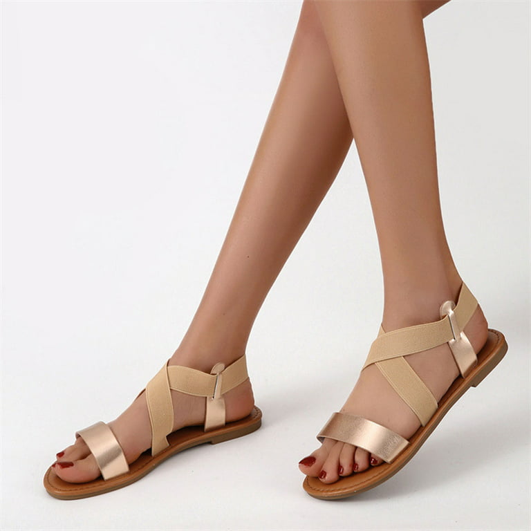 Women's Summer Casual Dressy Cute Flat Sandals Elastic Ankle Strap Summer  Flat Sandals Trendy Two Band Strappy Shoes 