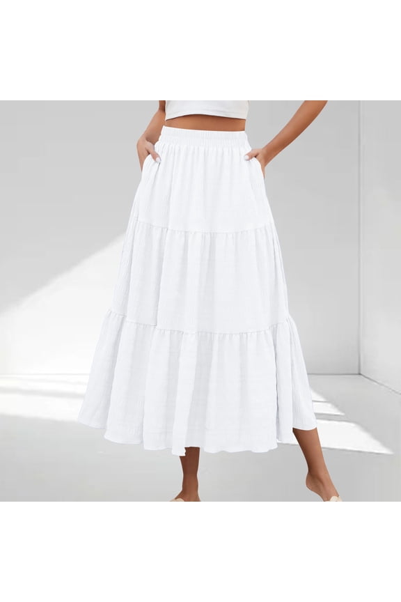 Women's Summer Casual Elegant Layered Tiered Maxi Skirt High Waisted a Line Flowy Long Skirts with Pockets White M
