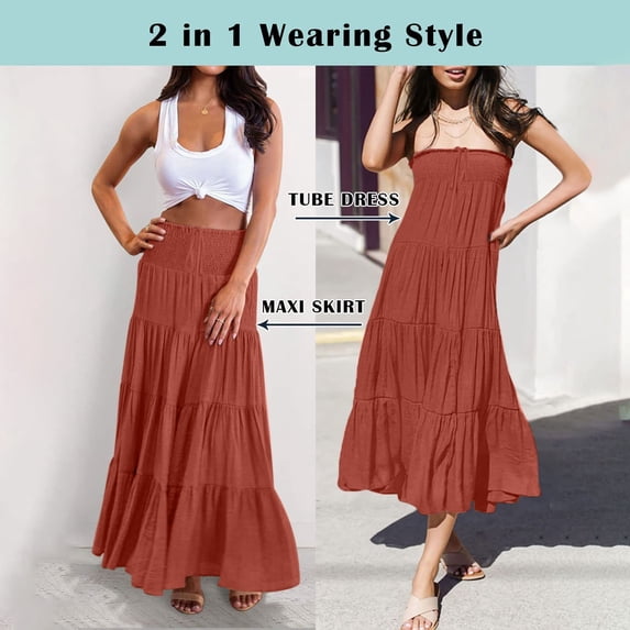 Women's Summer Casual Elegant Smock Layered Tiered Maxi Skirt High Waisted A Line Flowy Long Skirts with Pockets Orange L