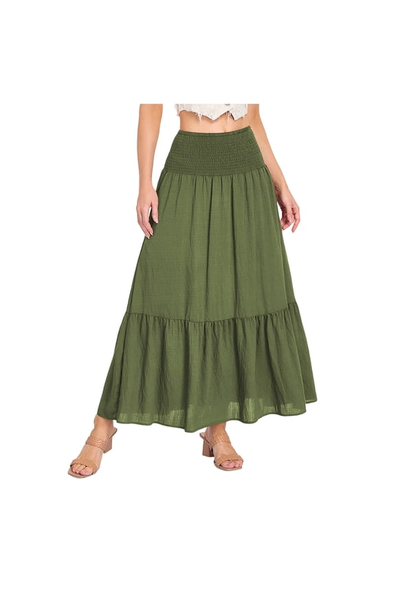 Women's Summer Casual Elegant Smock Layered Tiered Maxi Skirt High Waisted A Line Flowy Long Skirts with Pockets