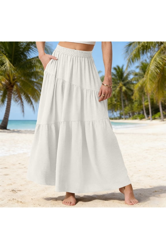 Women's Summer Casual Elegant Smock Layered Tiered Maxi Skirt High Waisted A Line Flowy Long Skirts with Pockets