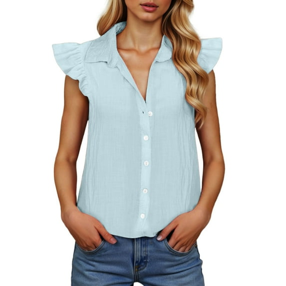 Women's Summer Casual Fashion Lapel Button Solid Color Short Sleeve V Neck Linen Shirt for Hiking and Outdoor Activities