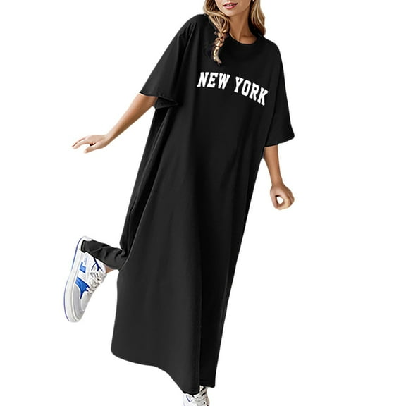 Women's Summer Casual Flowy Dress Loose Fit Short Sleeve T-Shirt Style Long Floral Printed Comfortable Beach Dress Womens Casual Trendy Midi Dresses