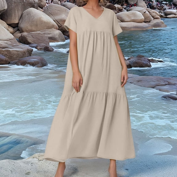 Women's Summer Casual Flowy V Neck Maxi Dress Loose Long Beach Tiered Swing Dress with Pockets Trendy Outfits