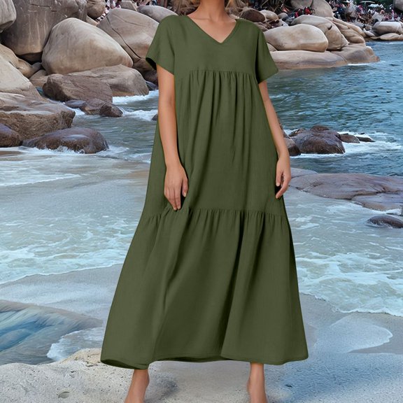 Women's Summer Casual Flowy V Neck Maxi Dress Loose Long Beach Tiered Swing Dress with Pockets Trendy Outfits