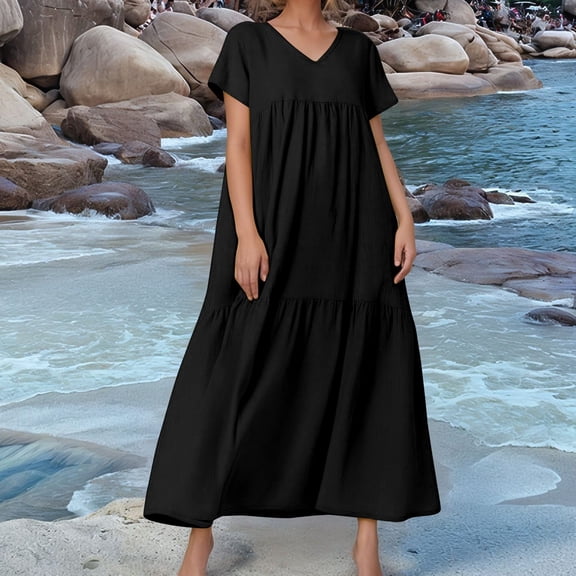 Women's Summer Casual Flowy V Neck Maxi Dress Loose Long Beach Tiered Swing Dress with Pockets Trendy Outfits
