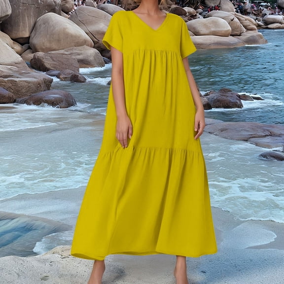 Women's Summer Casual Flowy V Neck Maxi Dress Loose Long Beach Tiered Swing Dress with Pockets Trendy Outfits