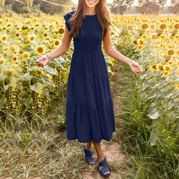 Women's Summer Casual Flutter Short Sleeve Crew Neck Smocked Elastic Waist Tiered Midi Dress Comfy Summer Dresses Women Vintage Dress Maxi Dress Summer Maxi Dress with Sleeves Women Party Dress T