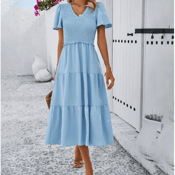 Women's Summer Casual High Waist Dresses V Neck Short Sleeve A Line polka dot Elegant Dress