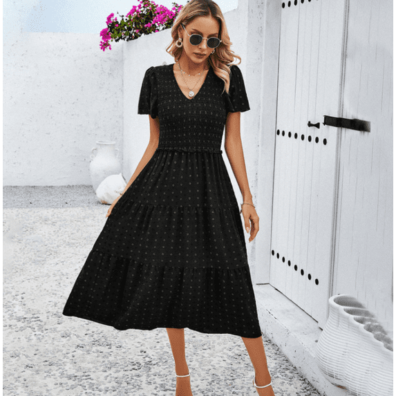 Women's Summer Casual High Waist Dresses V Neck Short Sleeve A Line polka dot Elegant Dress