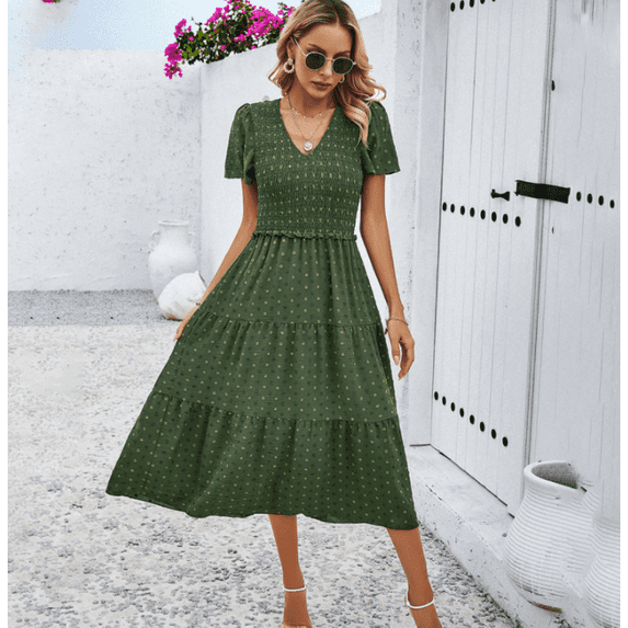Women's Summer Casual High Waist Dresses V Neck Short Sleeve A Line polka dot Elegant Dress