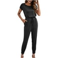 thumbnail image 1 of Women's Summer Casual Jumpsuit Crew Neck Short Sleeve Elastic Waist Drawstring Soft Long Pant Romper with Pockets, 1 of 8