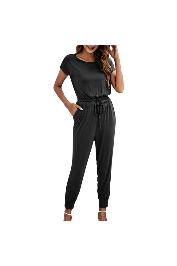 Women's Summer Casual Jumpsuit Crew Neck Short Sleeve Elastic Waist Drawstring Soft Long Pant Romper with Pockets