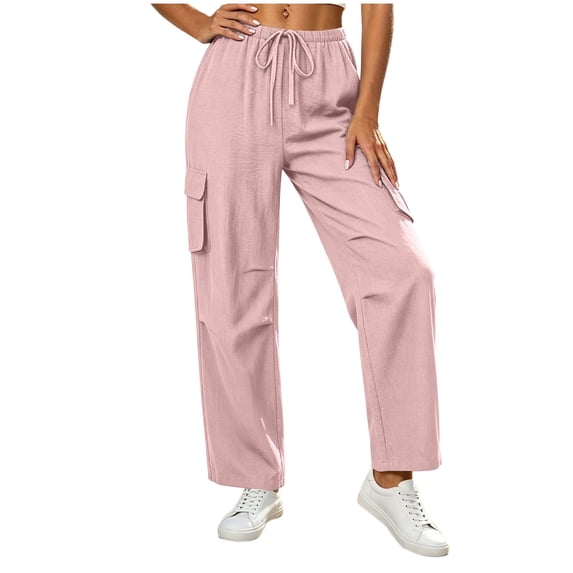 Women's Summer Casual Linen Drawstring Waist Pants with Pockets, Solid Color Loose Fit
