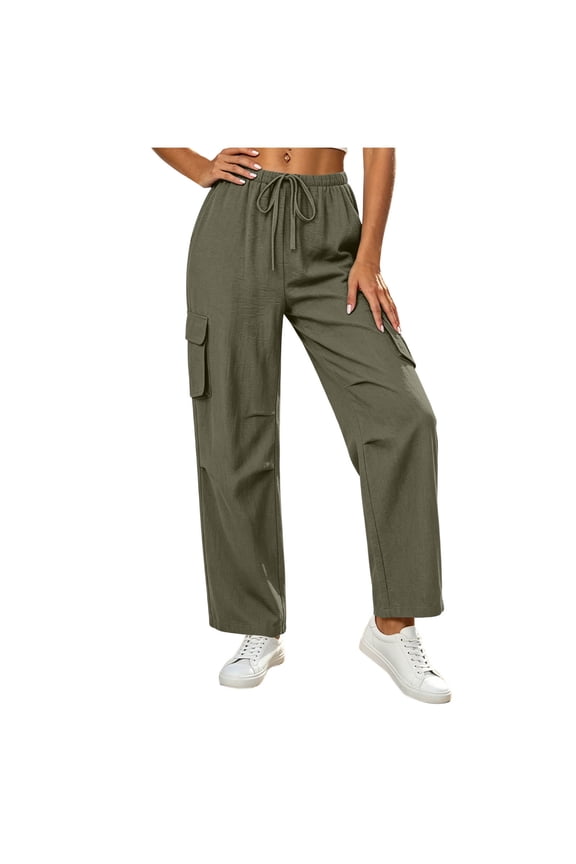 Women's Summer Casual Linen Drawstring Waist Pants with Pockets, Solid Color Loose Fit
