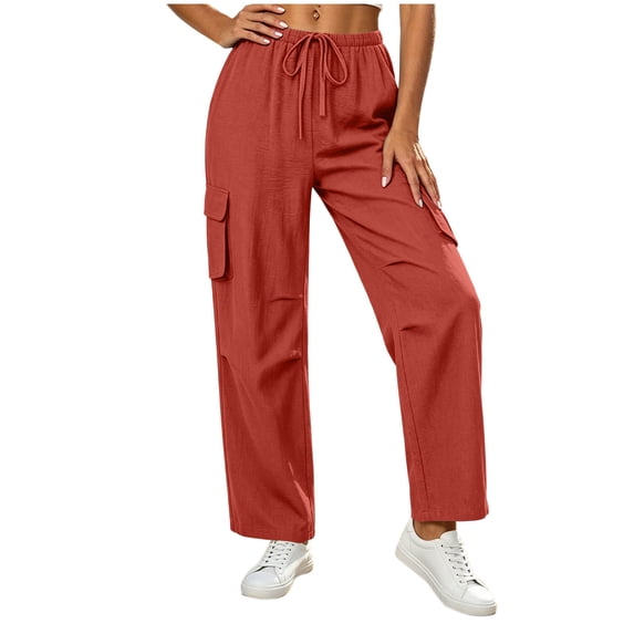 Women's Summer Casual Linen Drawstring Waist Pants with Pockets, Solid Color Loose Fit