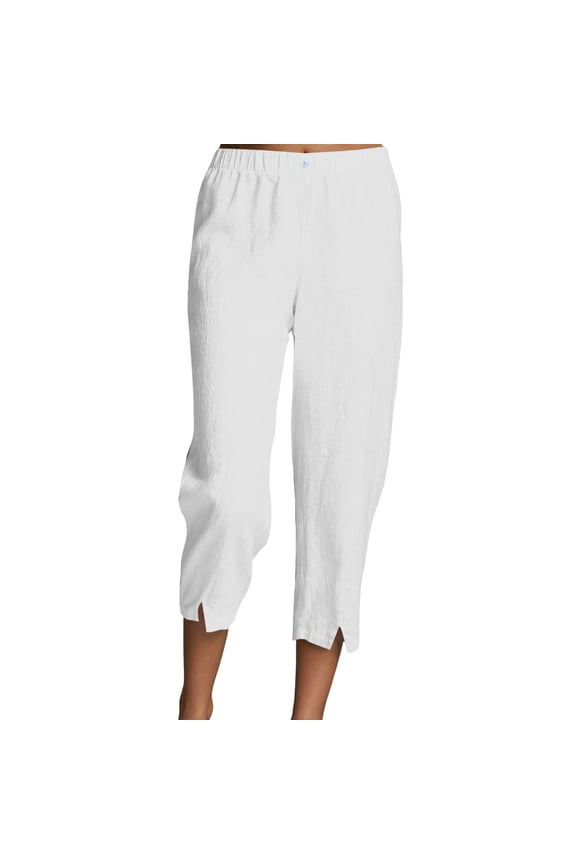 Women's Summer Casual Linen Pants Elastic Waist Split Hem Cropped Trousers Comfortable Lightweight Wear