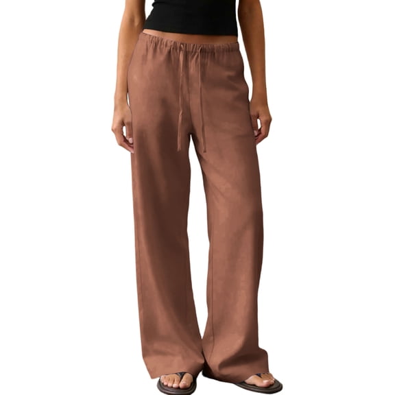 Women's Summer Casual Linen Wide Leg Pants Low Rise Drawstring Pants with Pockets Trousers for Beach Vacation Travel