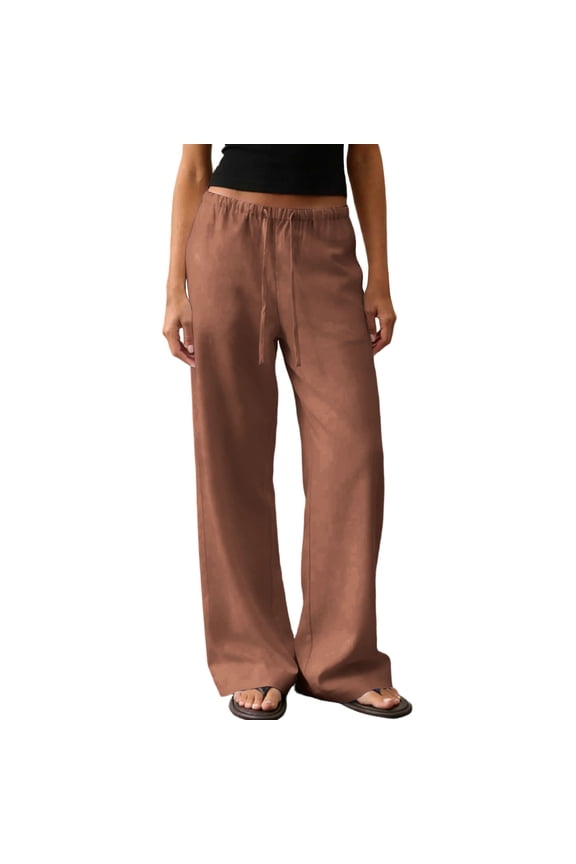 Women's Summer Casual Linen Wide Leg Pants Low Rise Drawstring Pants with Pockets Trousers for Beach Vacation Travel
