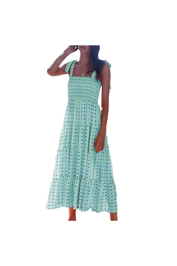 Women's Summer Casual Long Maxi Beach Vacation Dresses Sleeveless Square Neck Flowy Tiered Sun Dress Green XXL