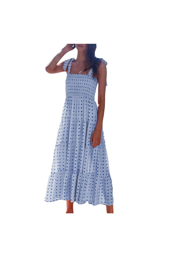 Women's Summer Casual Long Maxi Beach Vacation Dresses Sleeveless Square Neck Flowy Tiered Sun Dress Light Blue L