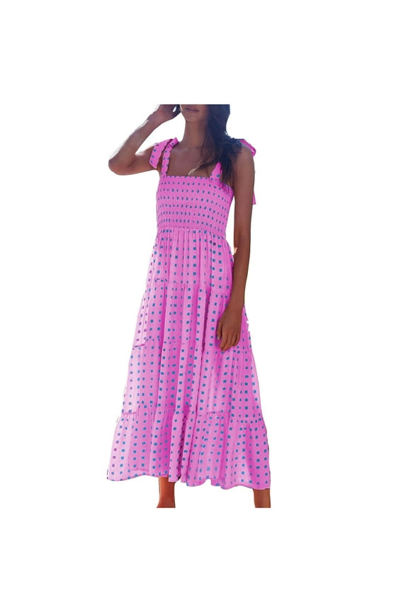 Women's Summer Casual Long Maxi Beach Vacation Dresses Sleeveless Square Neck Flowy Tiered Sun Dress Pink XXL