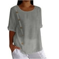 thumbnail image 1 of Women's Summer Casual Loose Cotton Linen Tops Short Sleeve Round Neck Side Buttons Solid Color Plain T Shirt Gray,XXL, 1 of 6