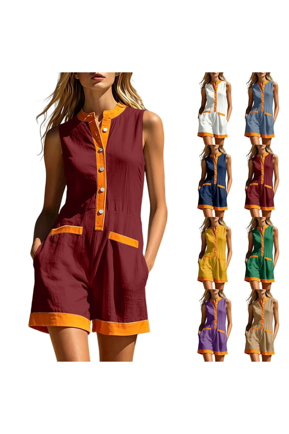 Women's Summer Casual Loose Fit Jumpsuit with Pockets, High Waist Shorts Romper, Sleeveless Stand Collar Button Color Block, Lounge Beach Vacation | VerBelle,Blue L