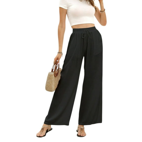 Women’s Summer Casual Loose Pants  Drawstring Waist Solid Color Slant Pockets Straight-Leg Fit