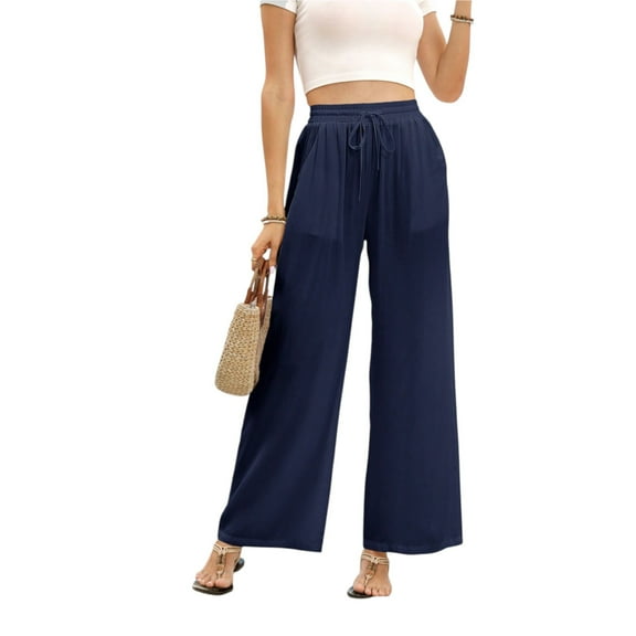 Women’s Summer Casual Loose Pants  Drawstring Waist Solid Color Slant Pockets Straight-Leg Fit