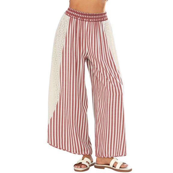 Women's Summer Casual Loose Striped Wide Leg Lounge Pants Elastic Waist Palazzo Trousers Deep Red S