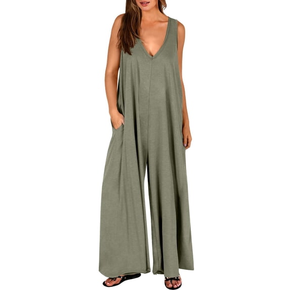 Women's Summer Casual Loose Tank Jumpsuit Sleeveless Tank V Neck Long Pants Jumpsuit Rompers with Pockets