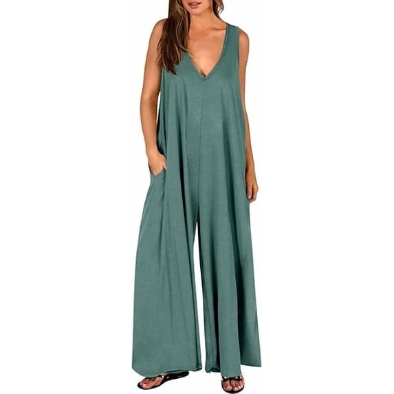 Women's Summer Casual Loose Tank Jumpsuit Sleeveless Tank V Neck Long Pants Jumpsuit Rompers with Pockets