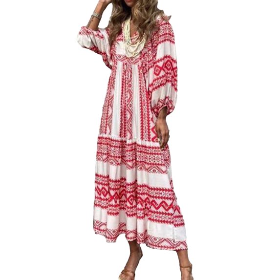 Women's Summer Casual Maxi Dress Bohemian Floral V Neck Puff Short Sleeve Beach Tiered Sundress Long Swing Dress