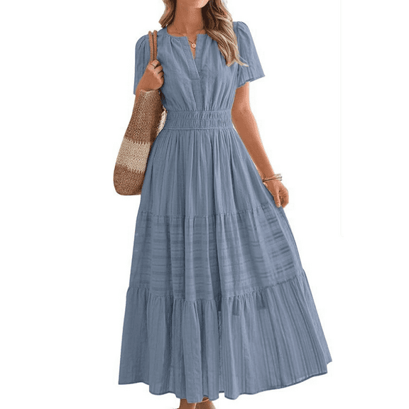 Women's Summer Casual Maxi Dress Puff Short Sleeve V Neck Ruffle Boho Beach Long Dresses
