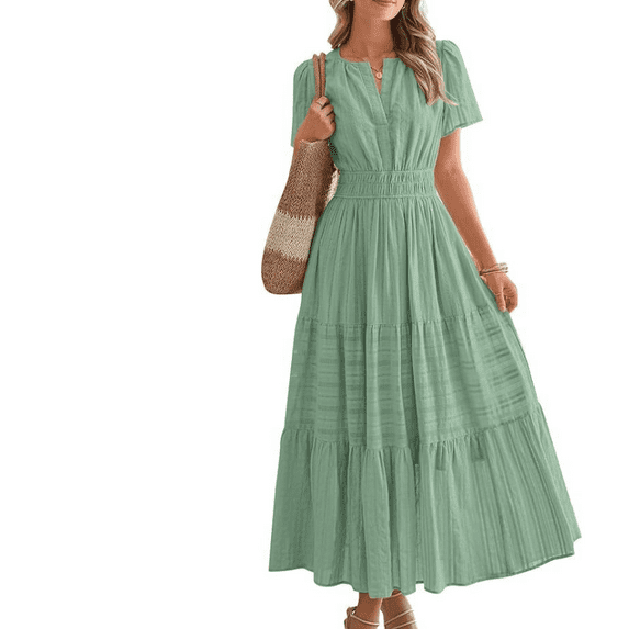 Women's Summer Casual Maxi Dress Puff Short Sleeve V Neck Ruffle Boho Beach Long Dresses